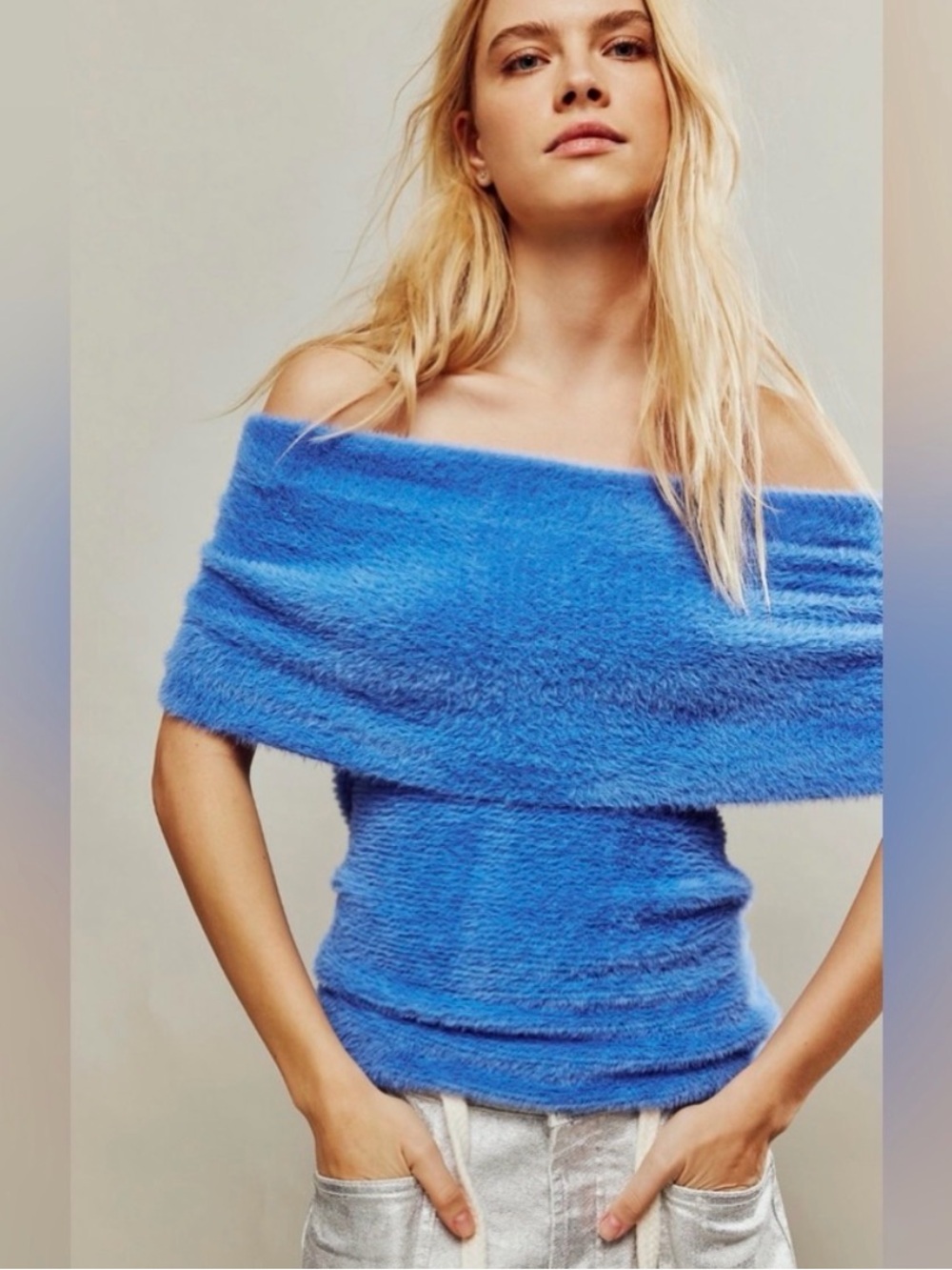 Free People Blue iris Off-the-Shoulder Fuzzy Sweater